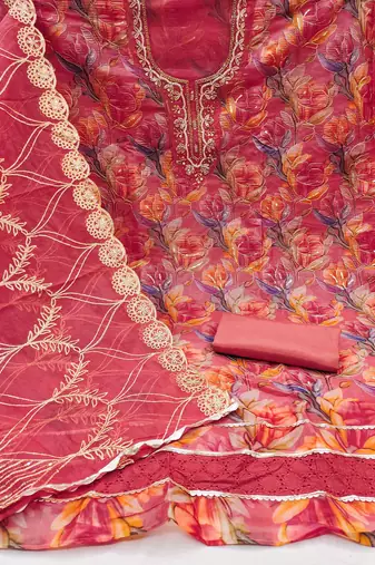 Multicolor embroidered organza churidar dress-materials