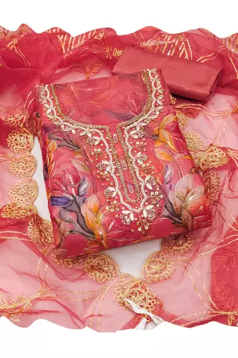 Multicolor embroidered organza churidar dress-materials