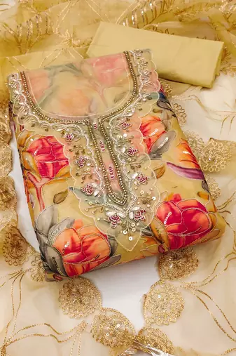 Multicolor embroidered organza semi stitched churidar dress-materials