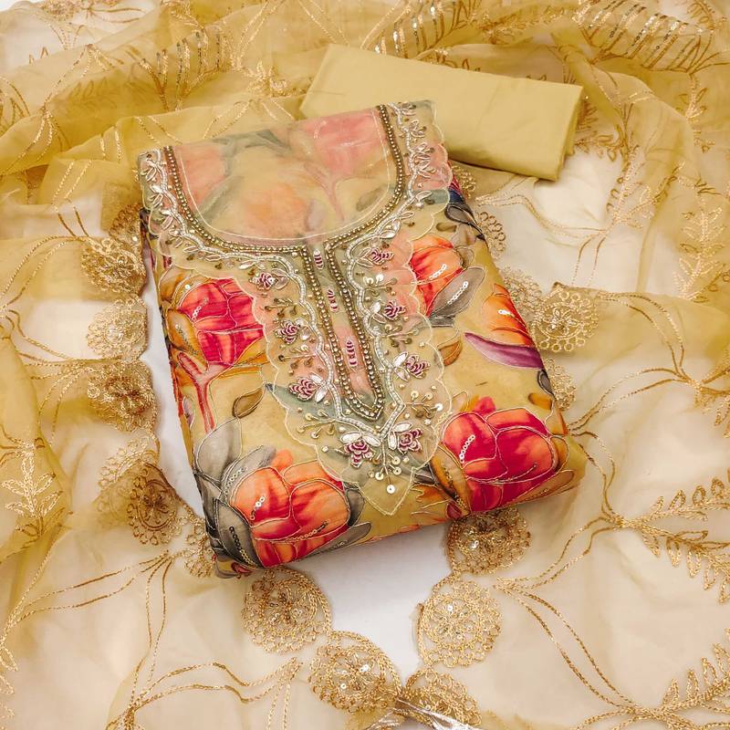 Multicolor embroidered organza semi stitched churidar dress-materials