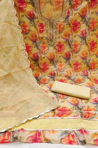 Multicolor embroidered organza churidar dress-materials