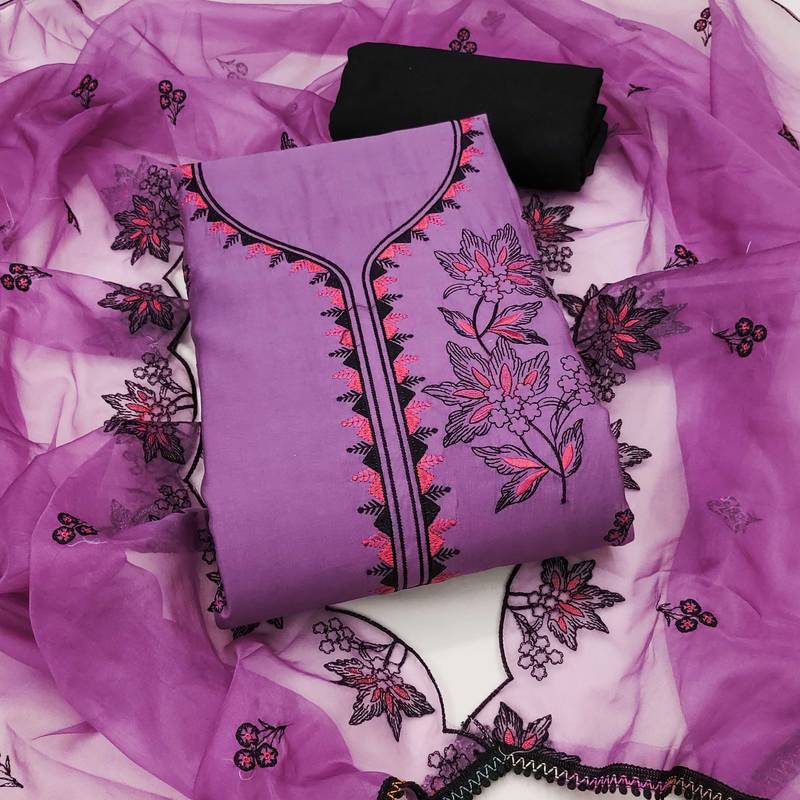 Violet embroidered cotton silk semi stitched churidar dress-materials