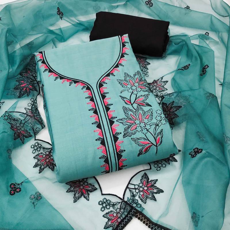 Sea-green embroidered cotton silk semi stitched churidar dress-materials