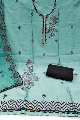 Sea-green embroidered cotton silk churidar dress-materials