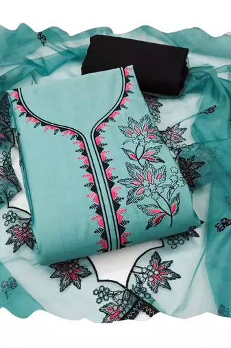 Sea-green embroidered cotton silk churidar dress-materials