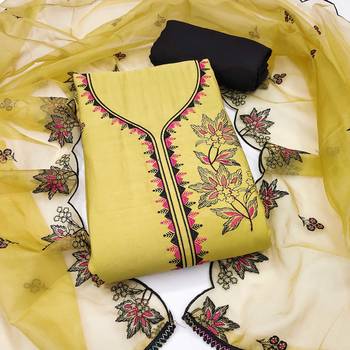 Light-yellow embroidered cotton silk churidar dress-materials 1