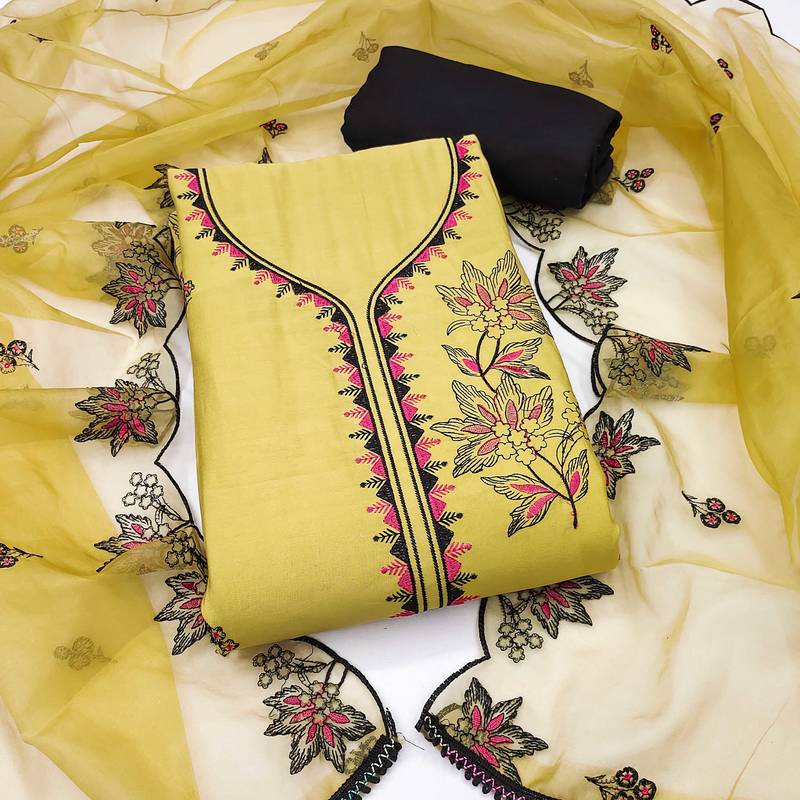 Light-yellow embroidered cotton silk semi stitched churidar dress-materials