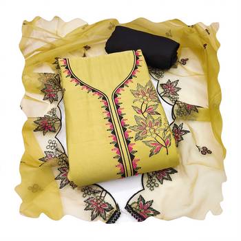 Light-yellow embroidered cotton silk churidar dress-materials 4