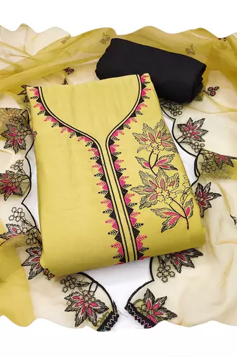 Light-yellow embroidered cotton silk churidar dress-materials