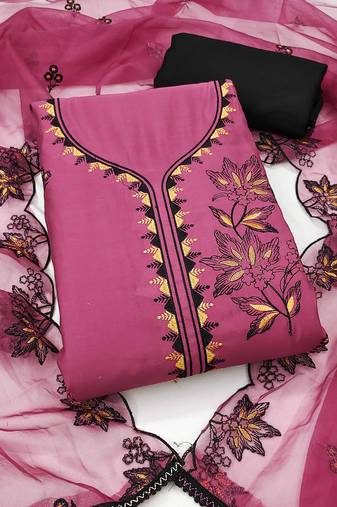 Purple embroidered cotton silk semi stitched churidar dress-materials