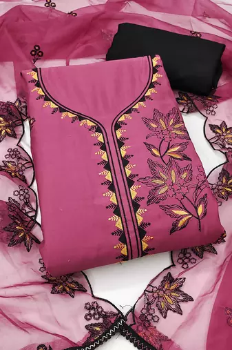 Purple embroidered cotton silk semi stitched churidar dress-materials