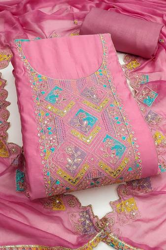 Pink sequins cotton silk semi stitched churidar dress-materials