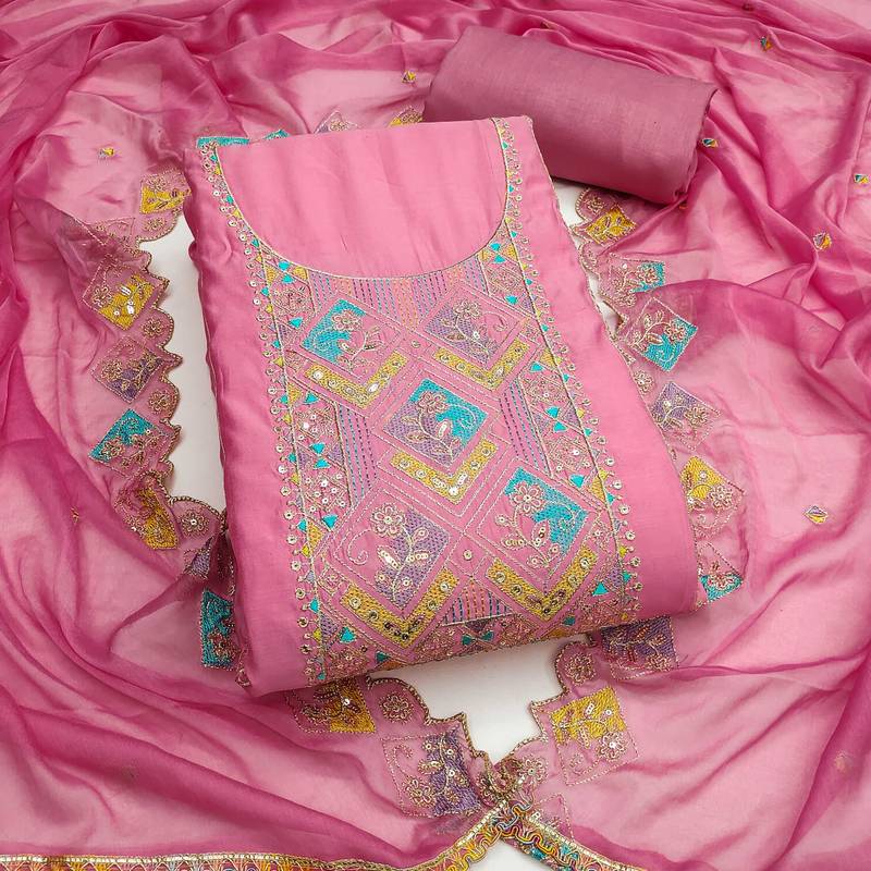 Pink sequins cotton silk semi stitched churidar dress-materials