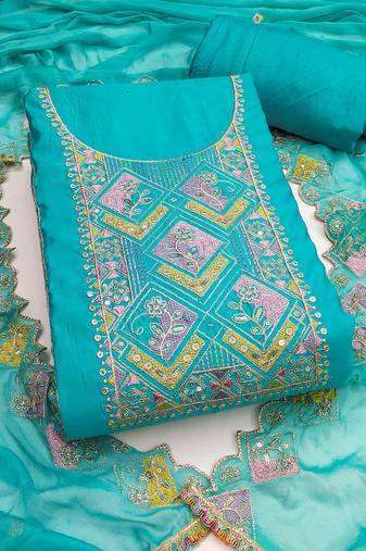 Sky-blue sequins cotton silk semi stitched churidar dress-materials