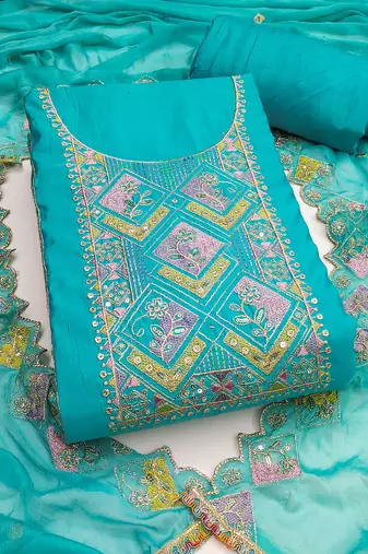 Sky-blue sequins cotton silk semi stitched churidar dress-materials