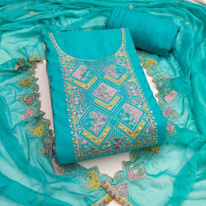 Sky-blue sequins cotton silk semi stitched churidar dress-materials