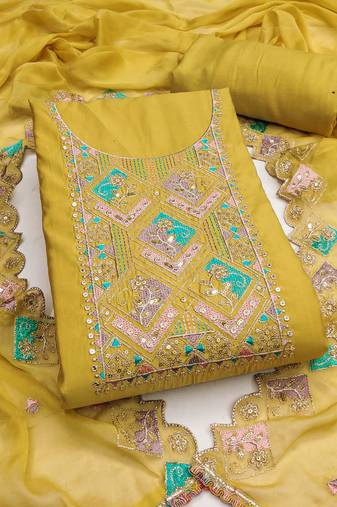 Yellow sequins cotton silk semi stitched churidar dress-materials