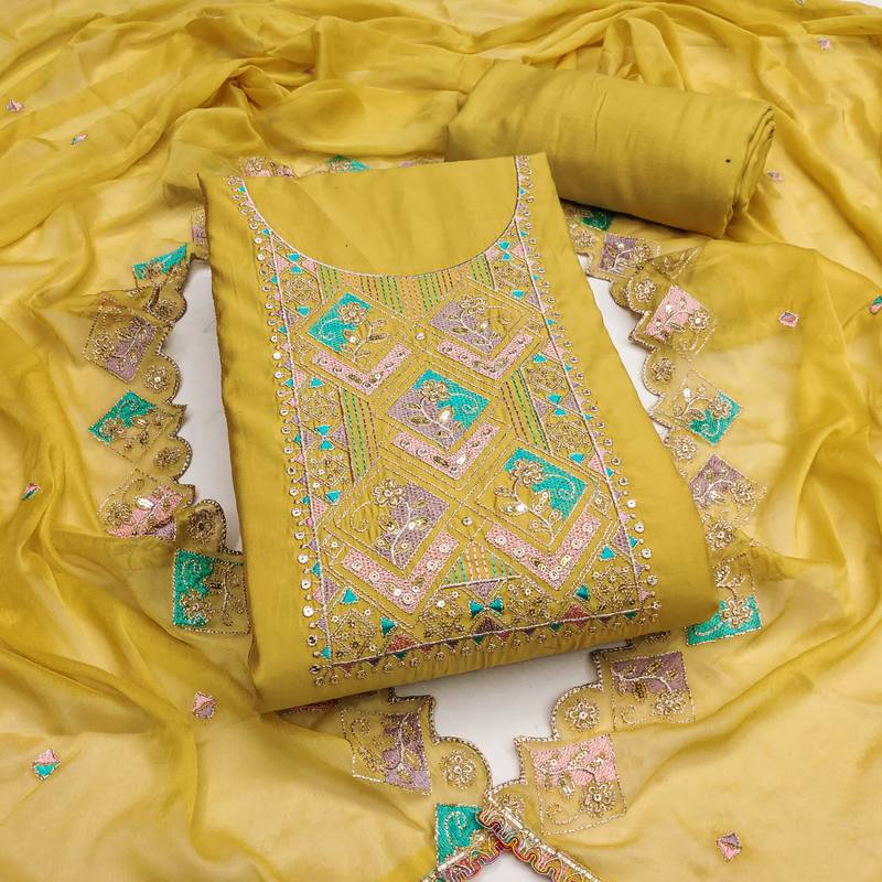 Yellow sequins cotton silk semi stitched churidar dress-materials