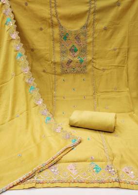 Yellow sequins cotton silk churidar dress-materials 2