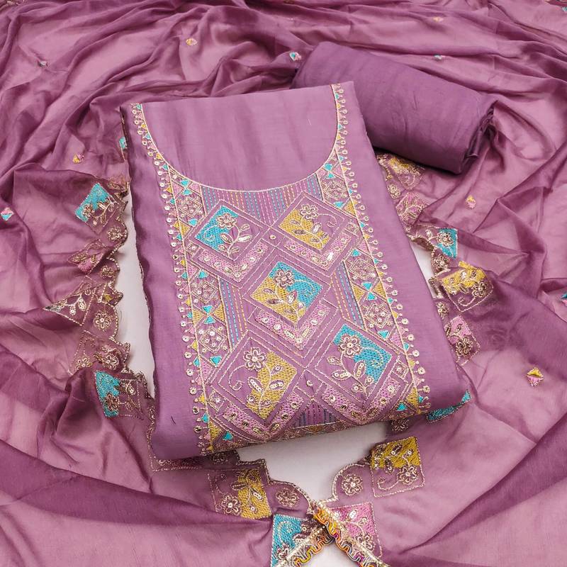 Lavender sequins cotton silk semi stitched churidar dress-materials