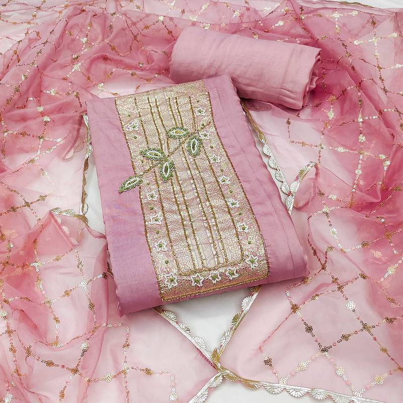 Baby-pink hand embroidery cotton semi stitched churidar dress-materials