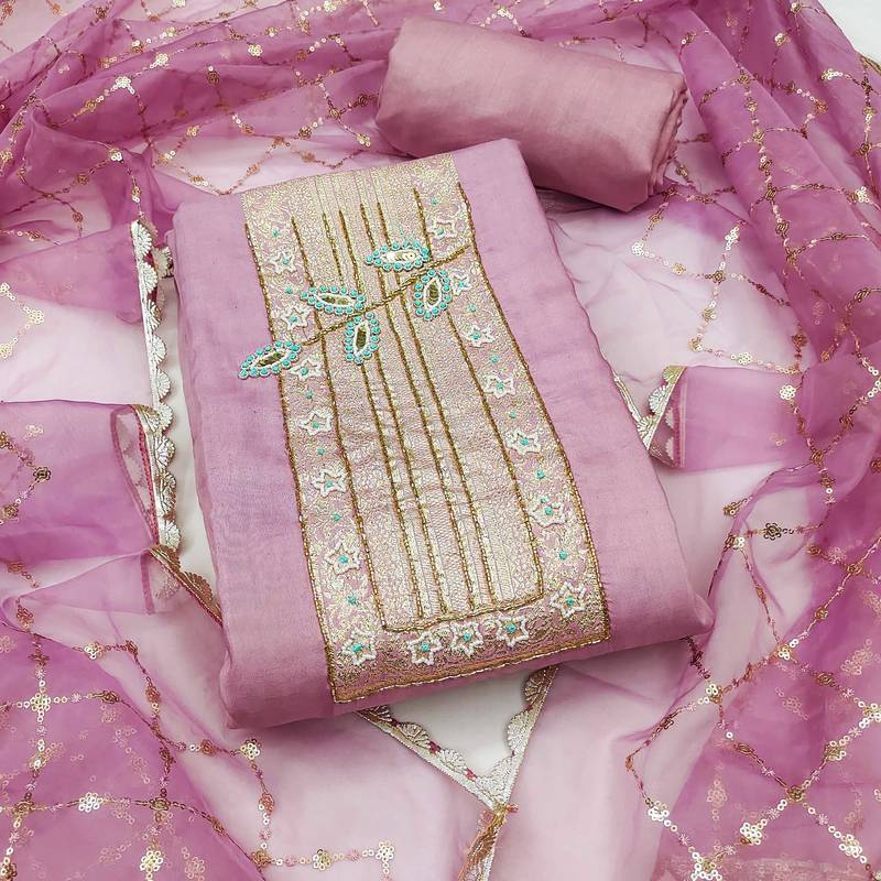 Light-purple hand embroidery cotton semi stitched churidar dress-materials