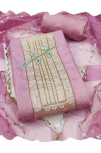 Light-purple hand embroidery cotton churidar dress-materials
