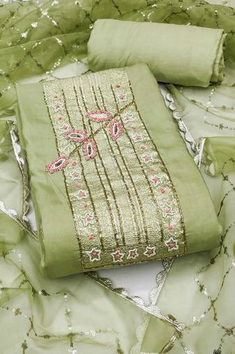 Light-green hand embroidery cotton semi stitched churidar dress-materials