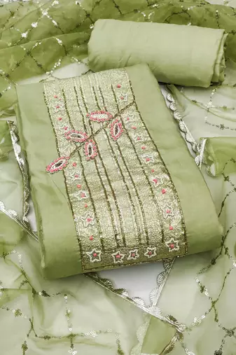 Light-green hand embroidery cotton semi stitched churidar dress-materials