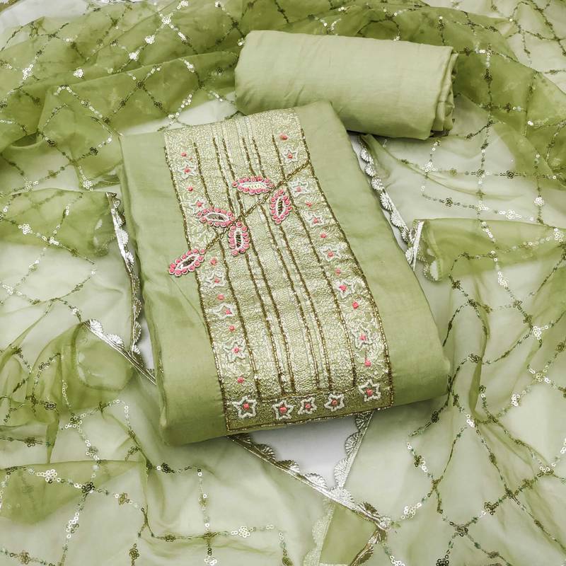 Light-green hand embroidery cotton semi stitched churidar dress-materials