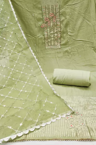 Light-green hand embroidery cotton churidar dress-materials