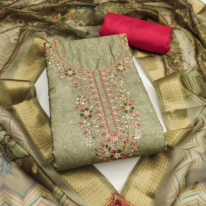 Olive woven cotton semi stitched churidar dress-materials