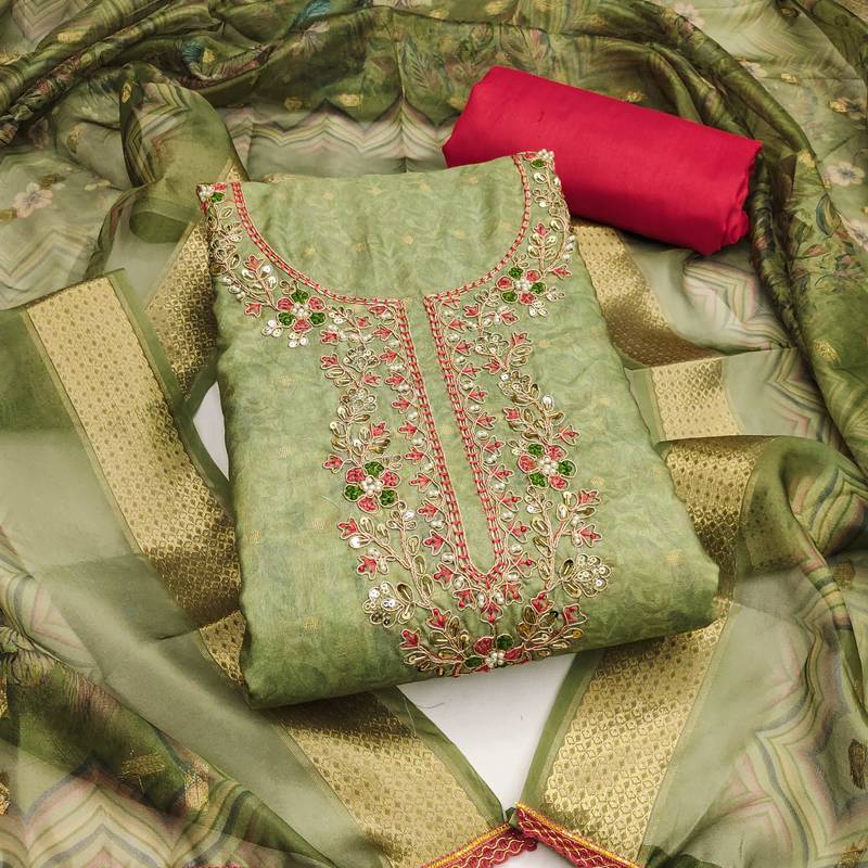 Light-green woven cotton semi stitched churidar dress-materials