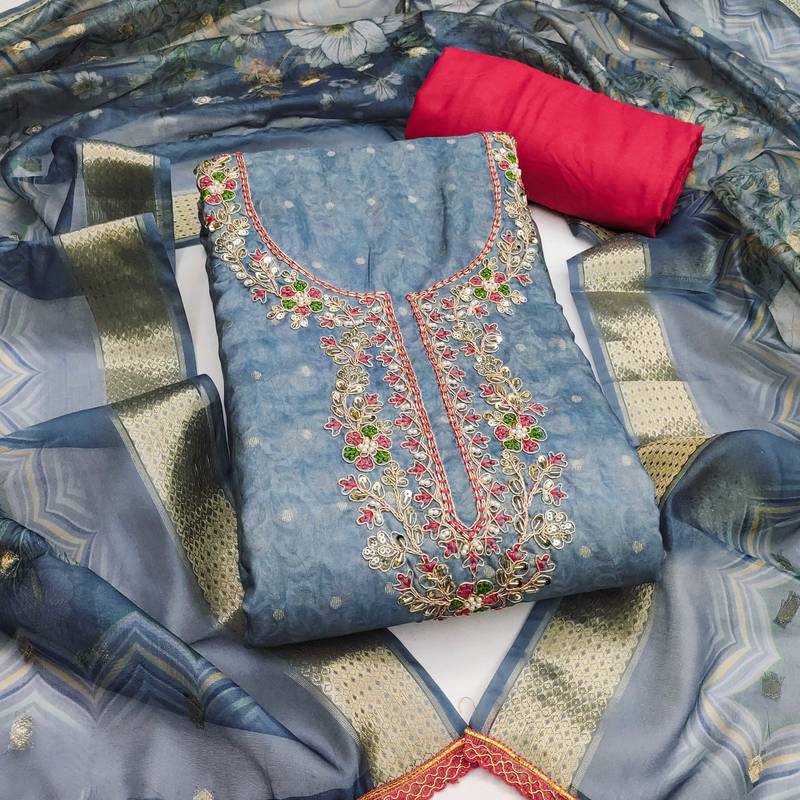 Grey woven cotton semi stitched churidar dress-materials