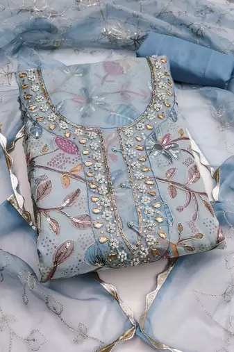 Blue sequins organza semi stitched churidar dress-materials