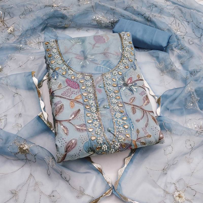 Blue sequins organza semi stitched churidar dress-materials