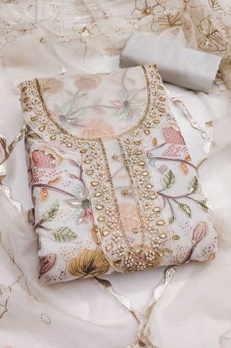 Beige sequins organza semi stitched churidar dress-materials