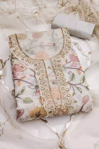 Beige sequins organza semi stitched churidar dress-materials