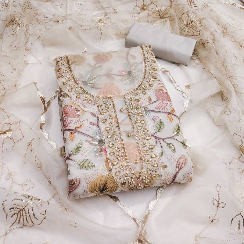 Beige sequins organza semi stitched churidar dress-materials