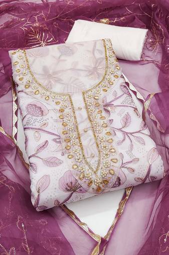 Cream sequins organza semi stitched churidar dress-materials