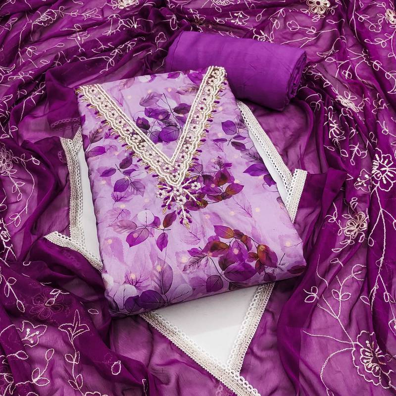 Multicolor hand embroidery cotton semi stitched churidar dress-materials