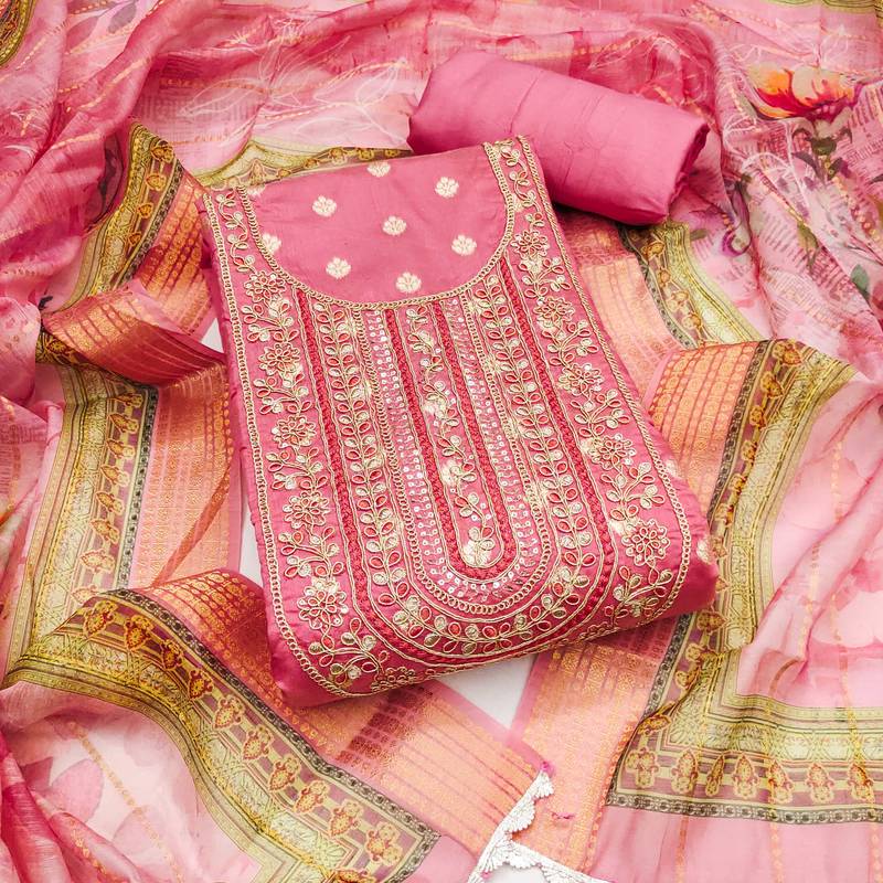Pink woven banarasi semi stitched churidar dress-materials