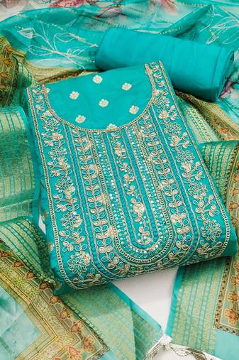 Sea-green woven banarasi semi stitched churidar dress-materials