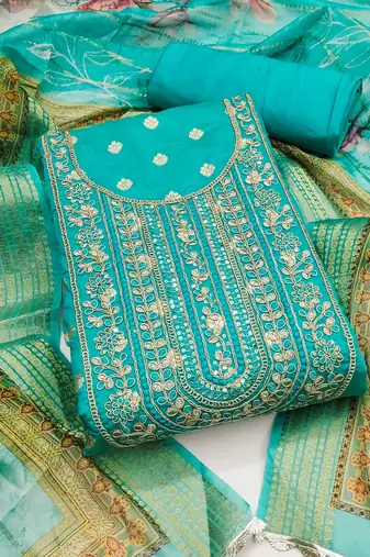 Sea-green woven banarasi semi stitched churidar dress-materials