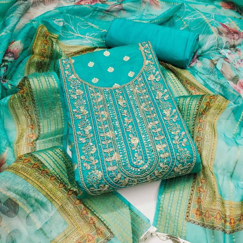 Sea-green woven banarasi semi stitched churidar dress-materials