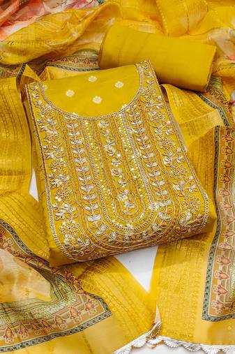 Yellow woven banarasi semi stitched churidar dress-materials