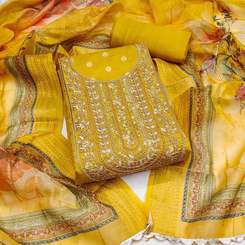 Yellow woven banarasi semi stitched churidar dress-materials