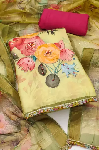 Light-yellow sequins cotton semi stitched churidar dress-materials