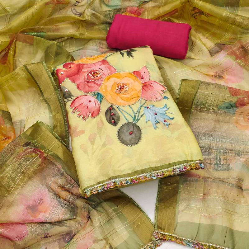 Light-yellow sequins cotton semi stitched churidar dress-materials