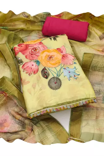 Light-yellow sequins cotton churidar dress-materials